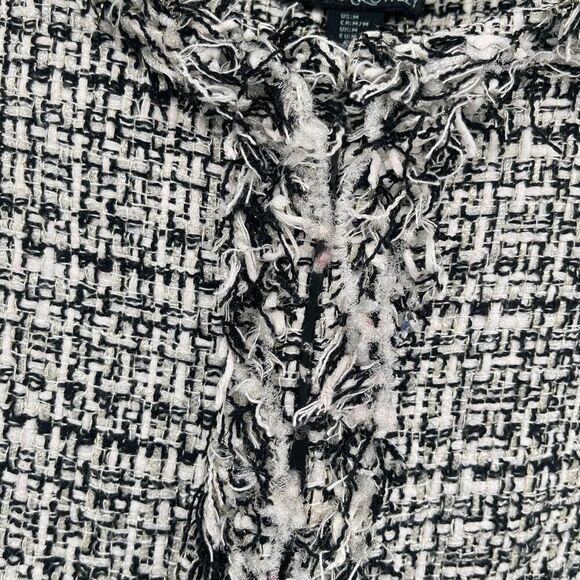 Cynthia Rowley Tweed Blazer Black White Gold Metallic Fringe Trim Jacket Medium - Picture 7 of 17